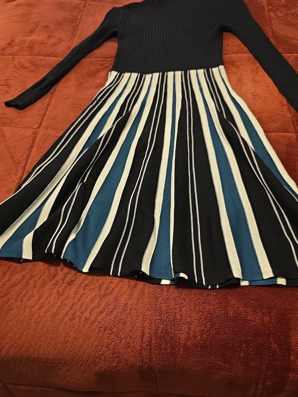 Women's Sweater Dress With Black Bodice And White, Black & Teal Pleated Skirt